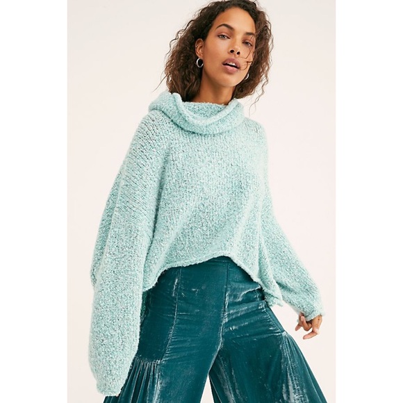Free People aqua blue cowl neck boxy sweater large - Picture 1 of 7